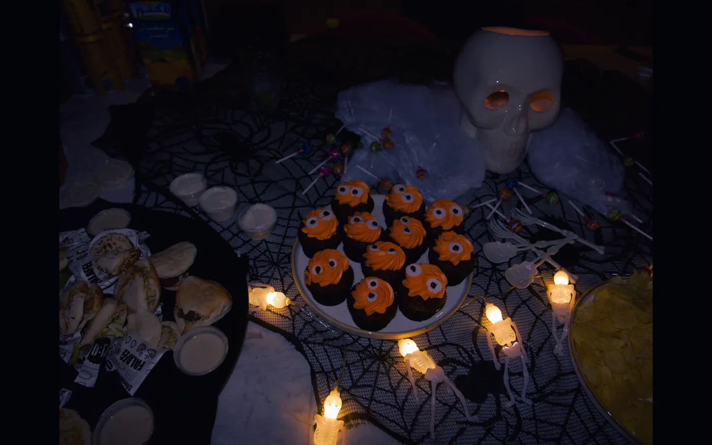 Halloween-themed food and candles