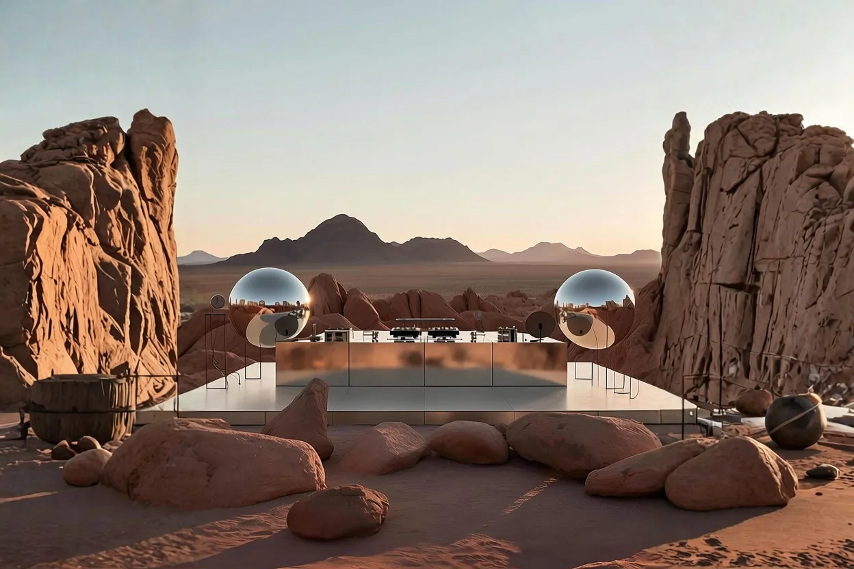 Dimora the oasis: mirrored spheres among desert rocks