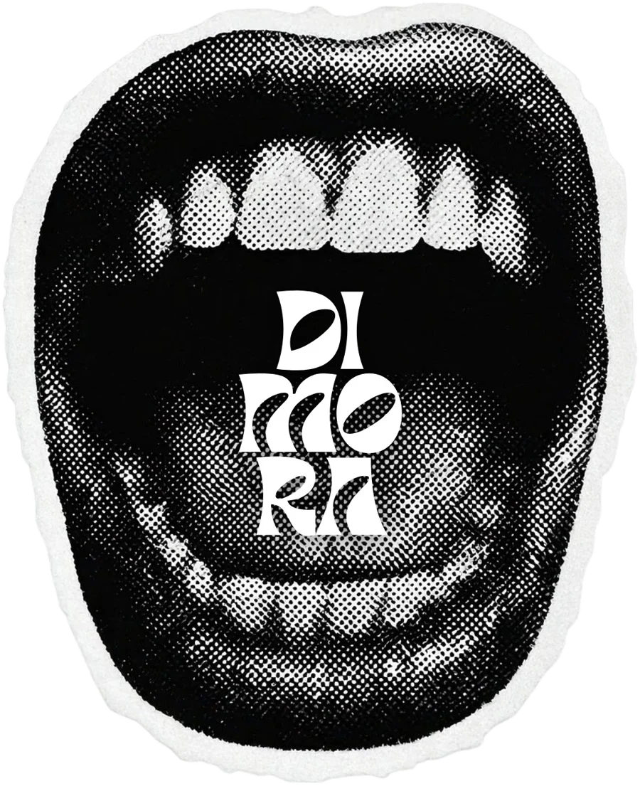Dimora sticker: a halftone open mouth with the Dimora logo